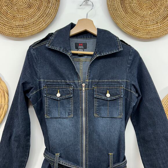 Vintage Y2K 2000s Emergency Exit Zipper Belted Flare Denim Jumpsuit Medium - Picture 4 of 10